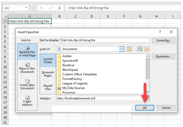 Điền một đường link trang Web tại ô Address rồi chọn OK để xác nhận