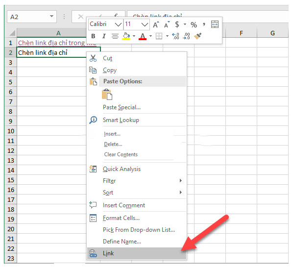 Chèn đường tắt tới một vị trí khác trong Excel