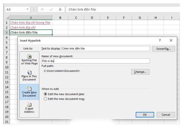 Chèn đường tắt tới file mới trong file Excel