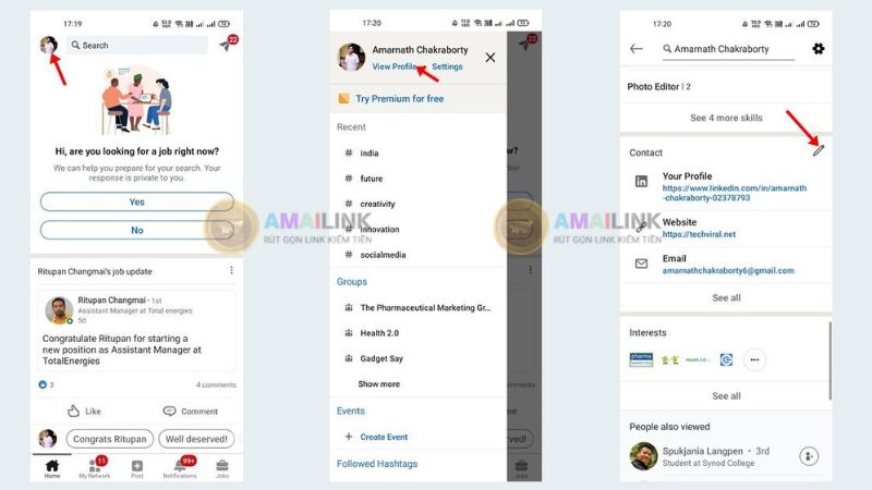 Rút gọn link bằng app linkedin trên điện thoại