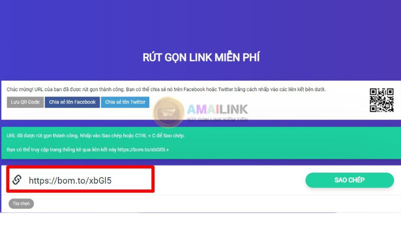 Sao chép và chia sẻ link sau khi đã rút gọn trên Bom